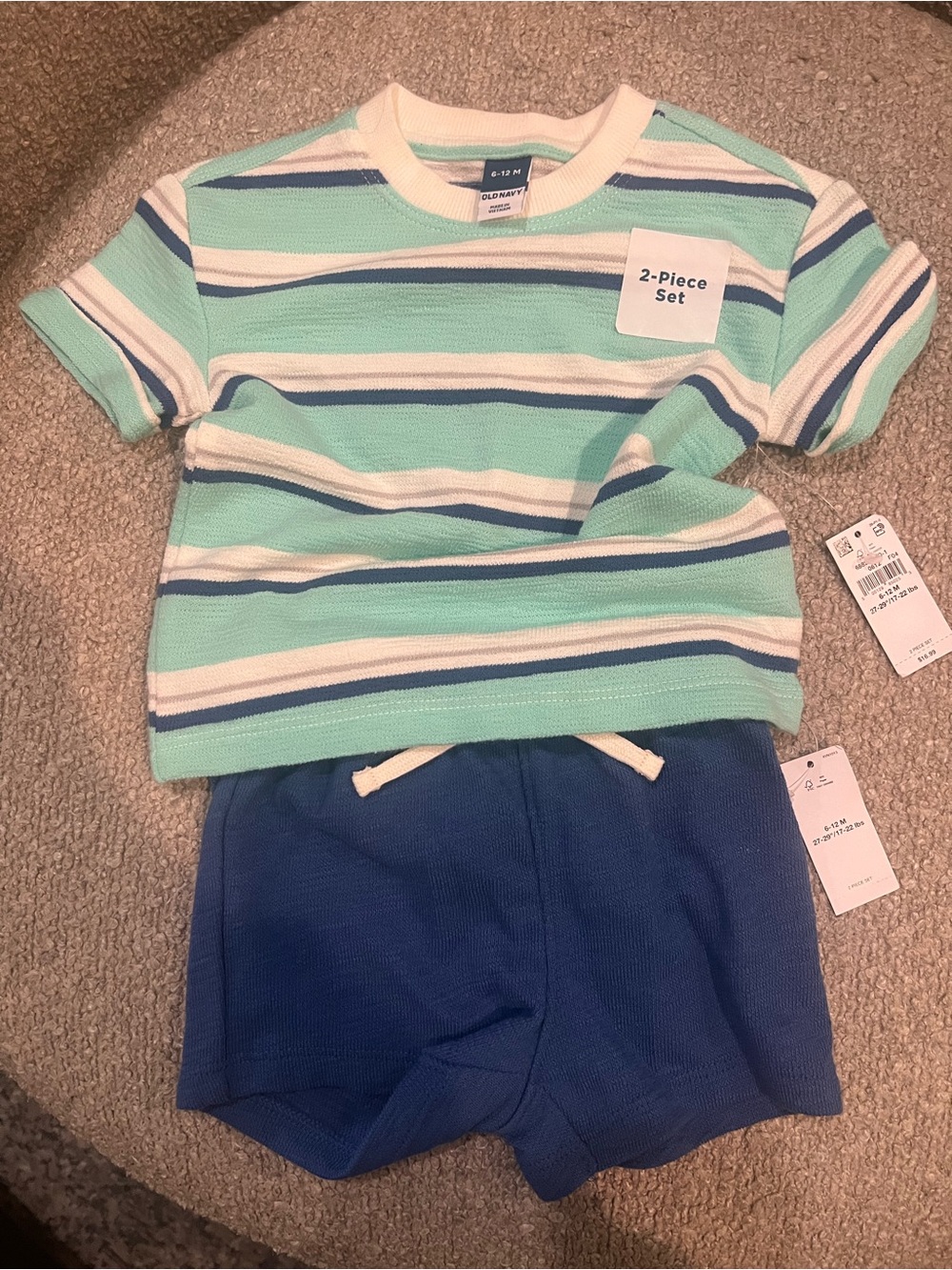 Old navy 2 piece 6-12 monthsMint, White & Navy Striped Tee with Navy Knit Shorts